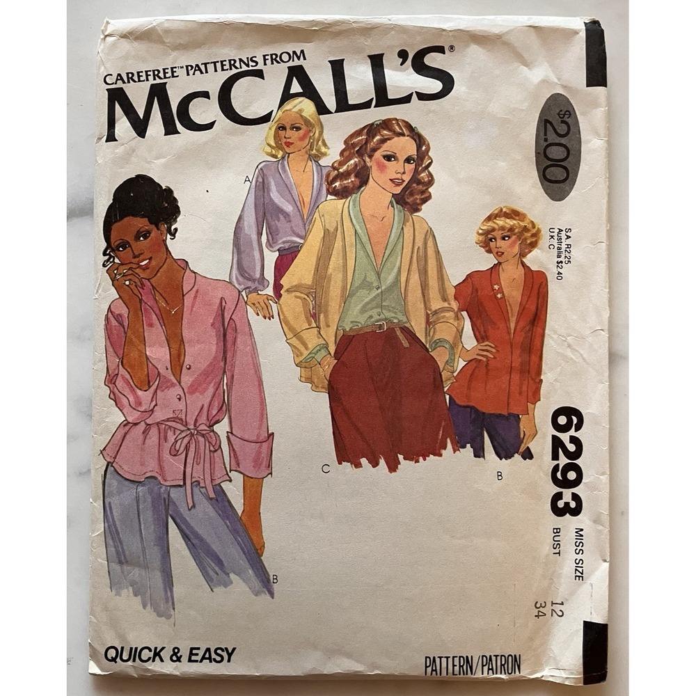 Vintage 1970's McCall's Pattern 6293 Women's Blouses Sz 12 Cut Business Pro OOP